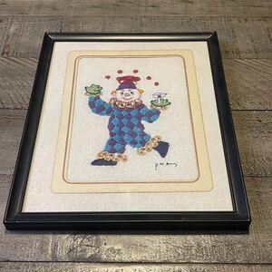 Vintage Martini Juggling Clown Framed Needlepoint Artwork Bar Gag 8" x 10.5"